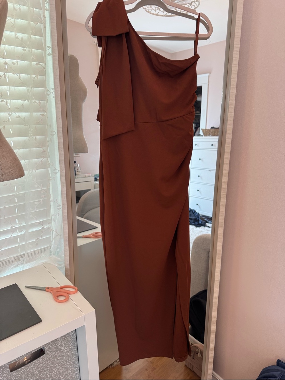 One-Shoulder Brown Evening Gown with Draped Bow